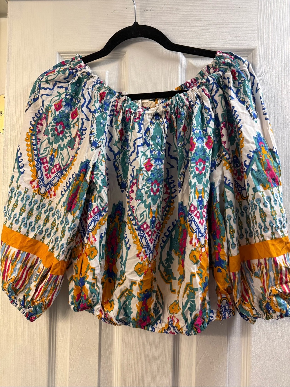 Christian Siriano White Off-Shoulder Boho Blouse with Teal, Mustard & Pink Print
